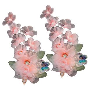 花悦诗风美妆古风汉服头饰对夹手工绢纱粉色烫花蝴蝶发夹发饰夹子