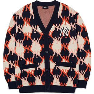 MLB官方 男女情侣针织开衫菱格纹复古老花休闲外套潮 KCY02