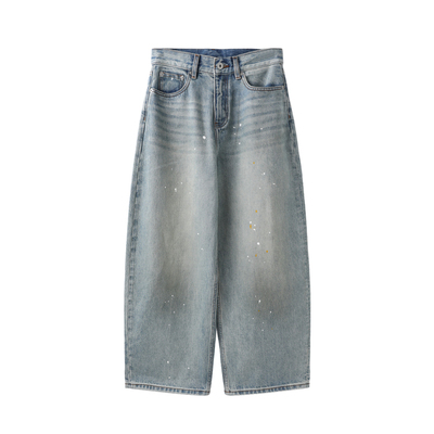 泼墨高腰线老爹裤牛仔裤