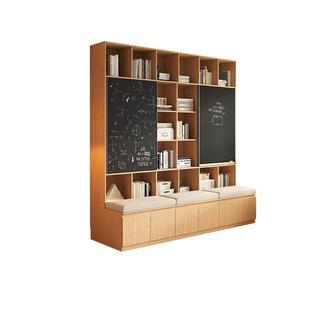 橡木定制卡座书柜书架一体客厅满墙全实木儿童书房推拉门黑板柜子