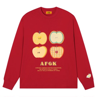 AFGK25FW四个苹果刺绣长袖T恤男女情侣打底衫春秋美式休闲上衣