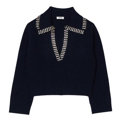 SANDRO Outlets秋冬女装法式绵羊毛仿钻海军领V领长袖针织毛衣