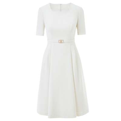 LIME莱茵米白色收腰方领连衣裙