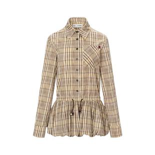 BALIANG「捌樑」混纺褶皱格纹翻领串珠撞色长袖衬衫束腰花苞短裙