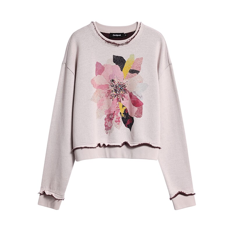 Desigual26秋冬新品双色毛边花卉烫钻印花长袖女式卫衣