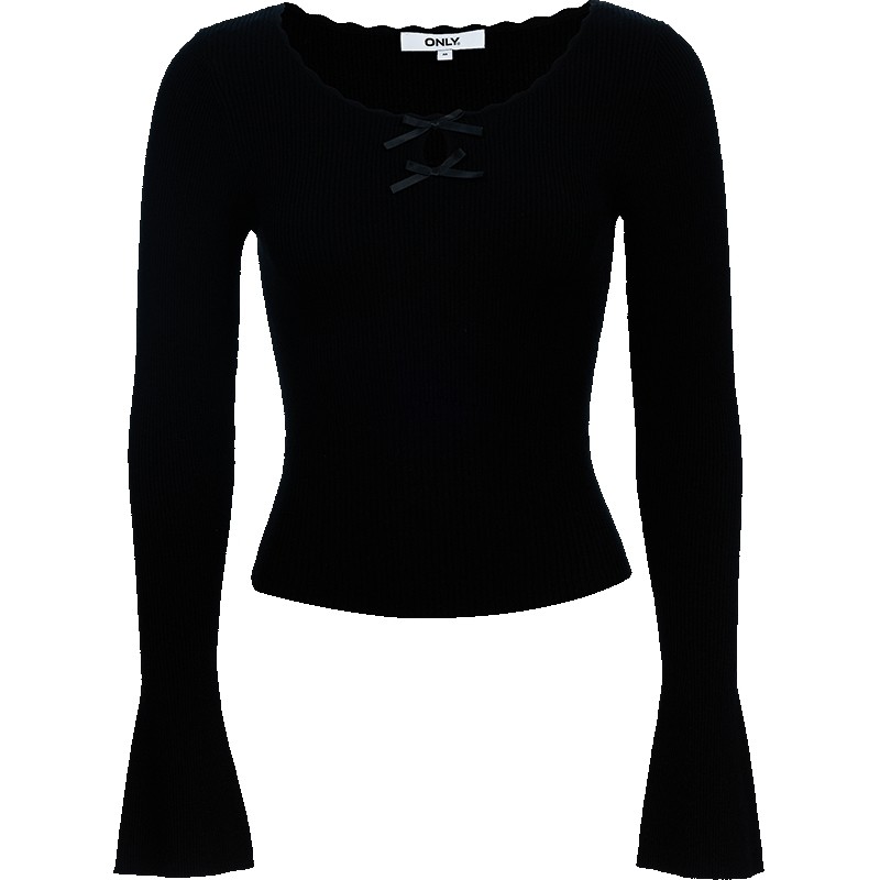 ONLY2026春季新款俏皮镂空精致蕾丝边大圆领喇叭袖长袖针织衫女