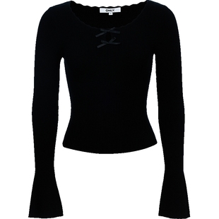 ONLY2026春季新款俏皮镂空精致蕾丝边大圆领喇叭袖长袖针织衫女