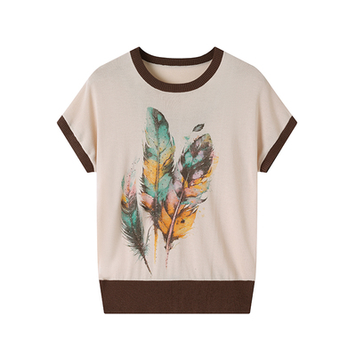 恒源祥妈妈装夏季薄款短袖T恤中老年女装洋气印花桑蚕丝针织上衣