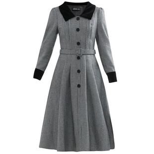 未风黑色格子连衣裙女秋冬2025年冬季新款丝绒娃娃领长款年会裙子