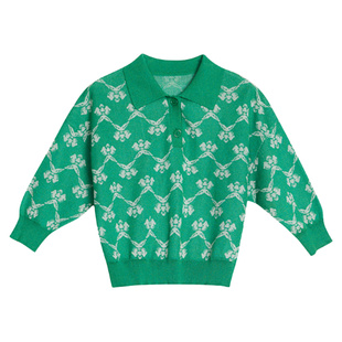 SANI奥莱特卖春秋季女翻领复古提花针织衫老钱风毛衣女落肩上衣