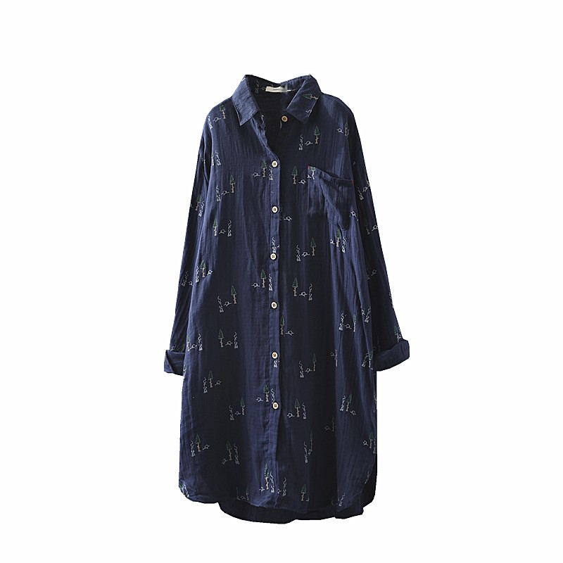 琴川谷春新品中长款棉质宽松显瘦衬衫女文艺印花双层棉纱长袖上衣
