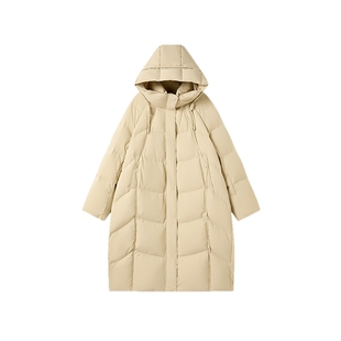 飞鸟和新酒2025冬季新款米色带帽立领羽绒服女中长款宽松羽绒外套