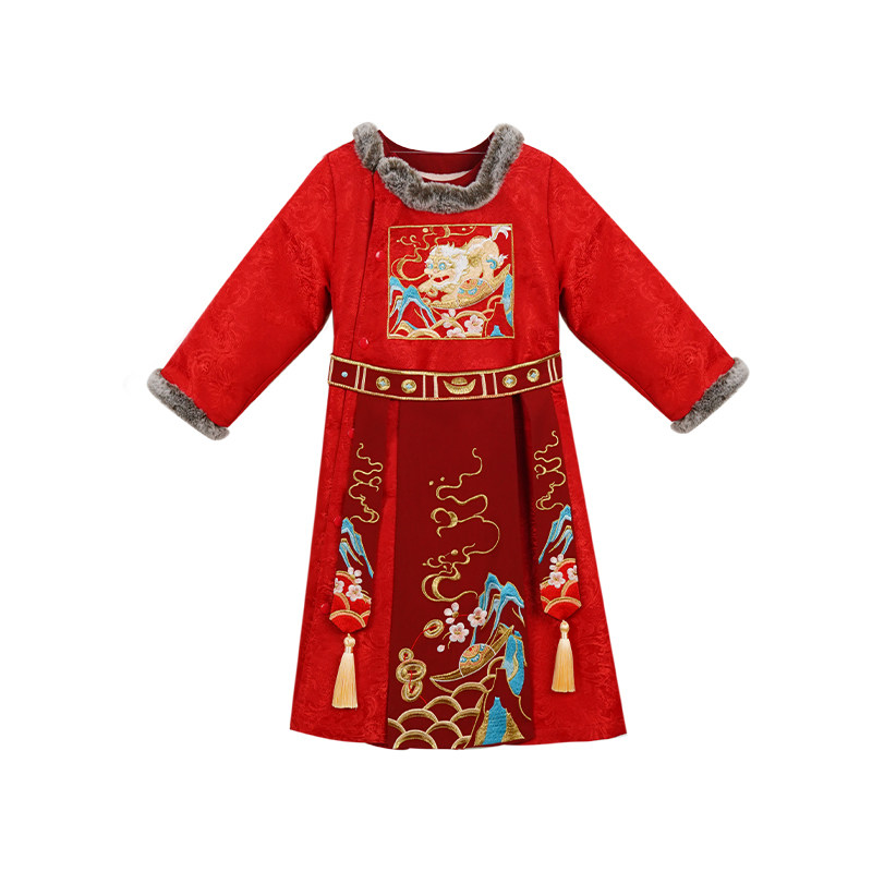 男童汉服圆领袍加绒男宝过年服唐装小财神古风棉衣中国风新年貔貅