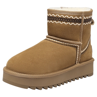 森达牛皮雪地靴棉鞋女25冬新商场民族风保暖厚底加绒短靴XTE01