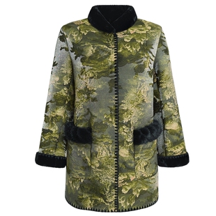 马天奴2025新款绿色国风山水画环保皮草大衣中长外套奢品时尚百搭