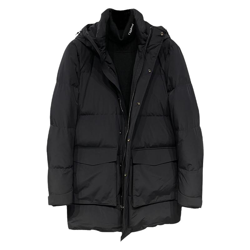 高端硬货冬季修身中长款连帽白鹅绒羽绒服男士纯黑色保暖鹅绒外套