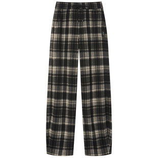 曼德诗复古格纹直筒休闲裤2025冬季新款松紧腰减龄裤子百搭阔腿裤