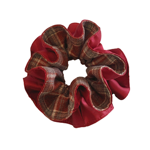 红色格子双层毛呢大肠发圈女高级感气质扎头圣诞节头绳丸子头发饰