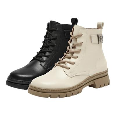 百思图冬商场新款加绒户外白色牛皮马丁靴粗跟女短靴RWY71DD4