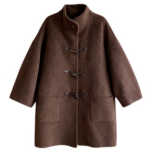 现货！新苏力羊驼绒牛角扣双面羊毛大衣立领阔版中长款呢外套女