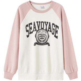 森马卫衣女中长款宽松拼色插肩袖春季做旧印花上衣复古潮酷学院风