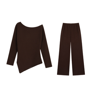 MULVAN 时髦东区 慵懒风不规则斜肩针织衫女垂感阔腿休闲长裤套装