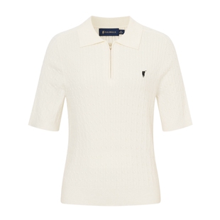 POLOWALK女式短袖针织衫2026春季新品绞花翻领韩版修身半拉链T恤