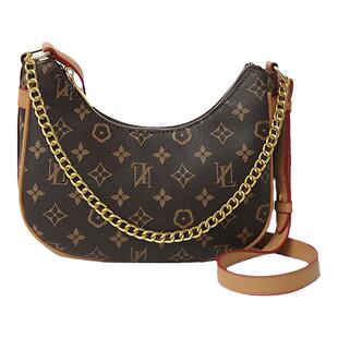 2025新款网红爆款复古老花链条拼色牛角包百搭单肩斜挎中古腋下包