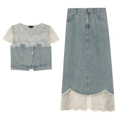 白鹿语高级感花边拼接牛仔两件套