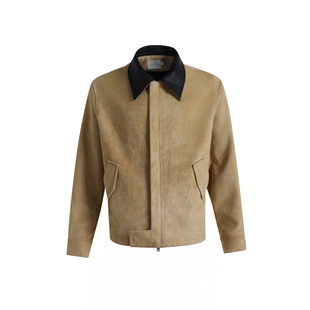 ESAT 双色短款麂皮拼皮翻领暗门襟夹克