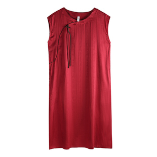 轩靓新中式睡裙女夏季冰丝绸无袖长款睡衣晨袍红色结婚丝质连衣裙