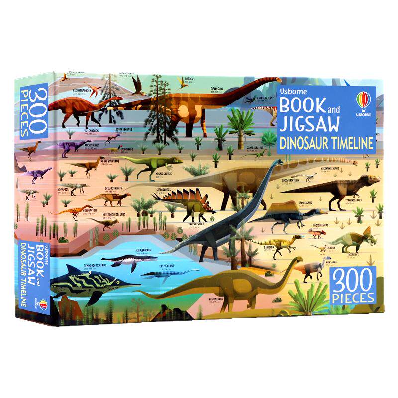 英文原版绘本Usborne Book and Jigsaws: Dinosaur Timeline拼图游戏系列恐龙发展史游戏书 幼儿恐龙趣味科普百科认知 附300张拼图