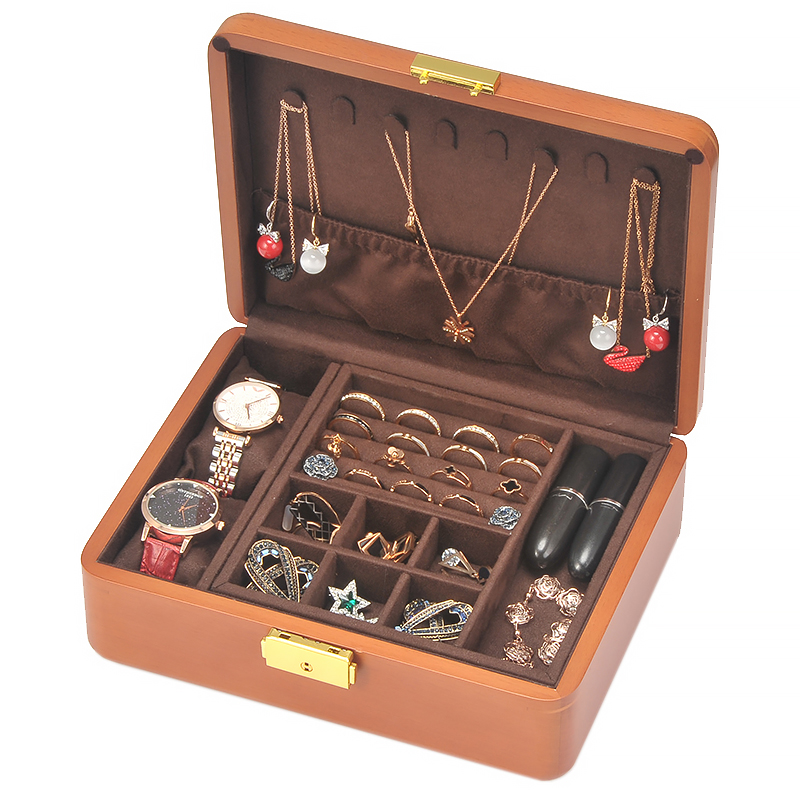 俪丽实木首饰收纳盒木质首饰盒多层珠宝盒手镯戒指饰品耳饰盒带锁