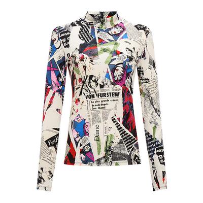 DVF报纸印花烟管领修身针织衫