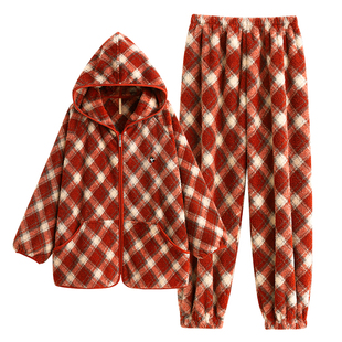 情侣睡衣男秋冬款冬季半边绒珊瑚绒加厚加绒家居服女本命年大红色