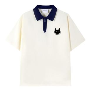 Guozii2026新款猫吃鱼情侣装短袖polo衫女学院风趣味印花休闲上衣