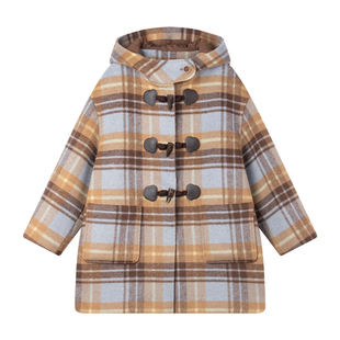 MUCMUKN【英伦小熊】复古格纹牛角扣毛呢大衣绗棉外套女童25冬新