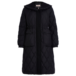 qs秸熙2025冬季新款气质通勤羽绒服荷叶边领中长款保暖收腰外套潮