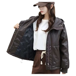 连帽免洗冬季羽绒服外套女2025新款时尚PU皮短款户外防风保暖皮衣