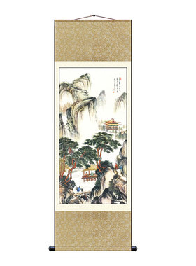 唐伯虎山水画丝绸画卷轴挂画