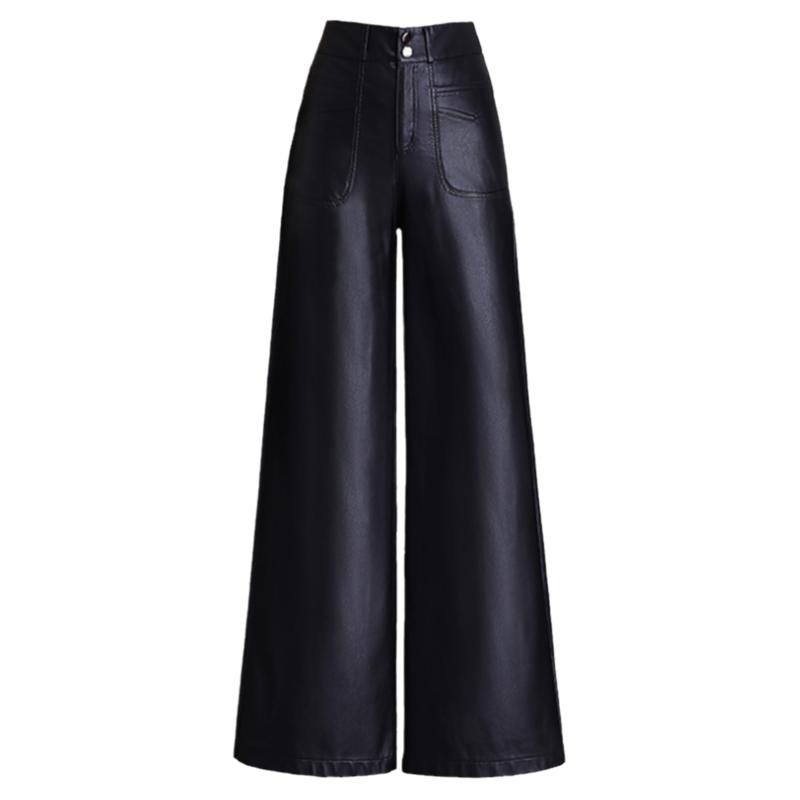 纯色哑光PU皮阔腿裤女宽松直筒2025秋冬新款高腰垂感休闲皮长裤子