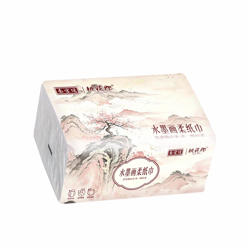 E秦宫廷桃花郎水墨画风格抽纸包装300张5层加厚抽纸家用纸巾纸