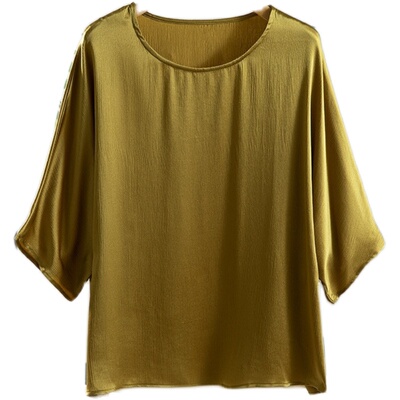优雅丝滑裸感罕见真丝树皮绉t恤女蝙蝠袖纯色宽松大气桑蚕丝上衣