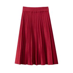 秋冬针织半身裙毛线小个子配毛衣卫衣过膝轻熟中长款A字百褶伞裙