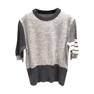 TB灰色拼色圆领针织短袖四条杠短袖显瘦舒适羊绒空调衫女款上衣