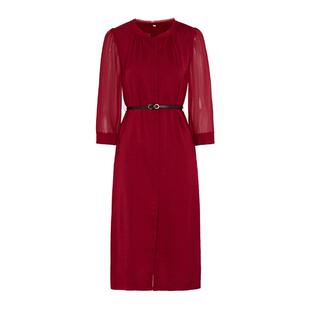 马天奴秋冬新款红色七分袖连衣裙气质开衩长裙礼裙高级好看裙子