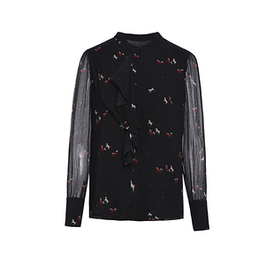 【100%桑蚕丝】JESSIE真丝印花衬衫女春季新款飘带荷叶领上衣26年