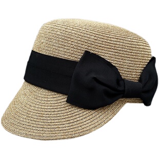 日本款大蝴蝶结草编平顶马术帽女夏季短檐鸭舌帽出游防晒沙滩草帽