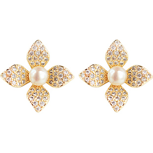 极光白透粉天然淡水珍珠微镶锆石丁香花925银针耳环耳夹项链戒指