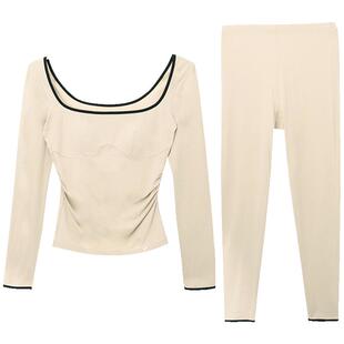 歌瑞尔保暖内衣女款修身显瘦带胸垫打底衫可内搭外穿春低领打底衣